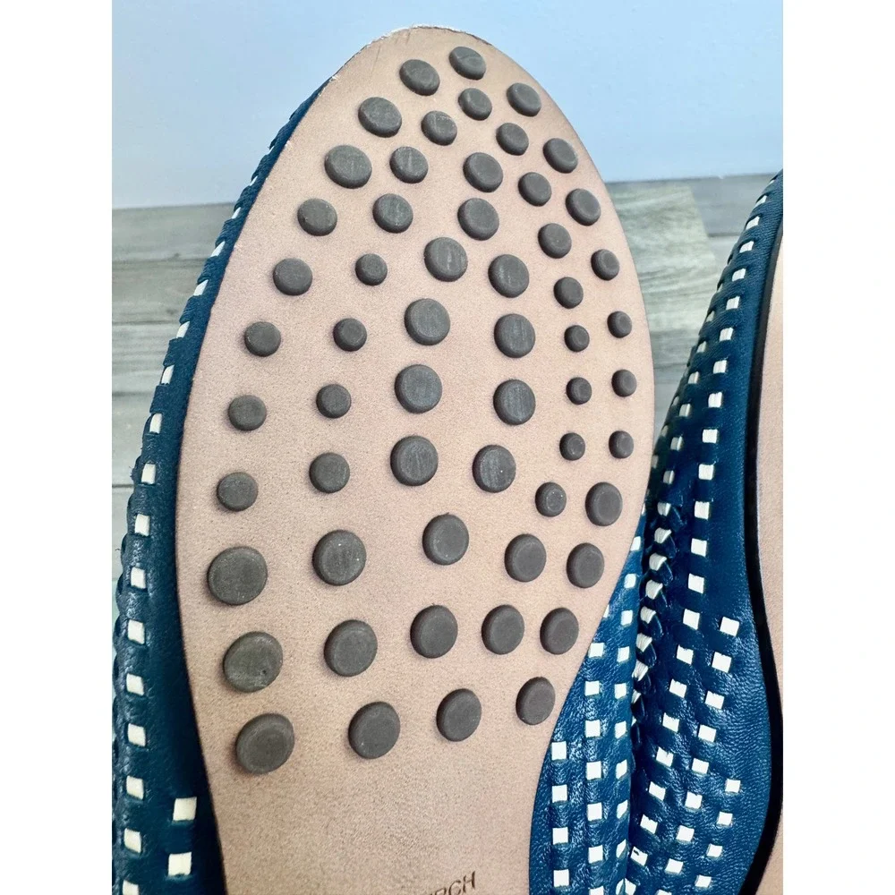 NWOT Tory Burch Blue White Woven Leather Loafers Gold Double T Driving Mocs 9.5M